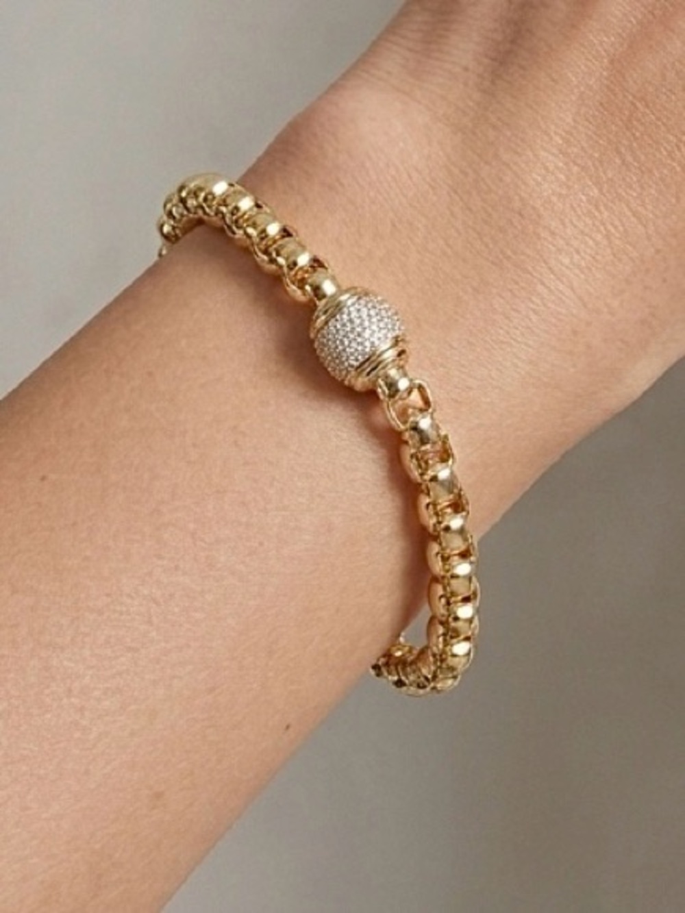 14K Gold Plated Box Link Chain Bracelet w/ Pavé CZ Barrel Cap Charm